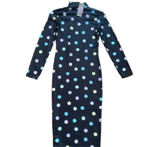 NWT Boohoo Black & Rainbow Polka Dot High Neck Bodycon Dress Size 6 - Picture 2 of 5